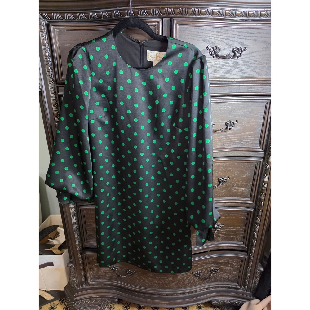 Flora Bea NYC Black Green Polka Dot Satin Mini Dress Long Tie Sleeve Small